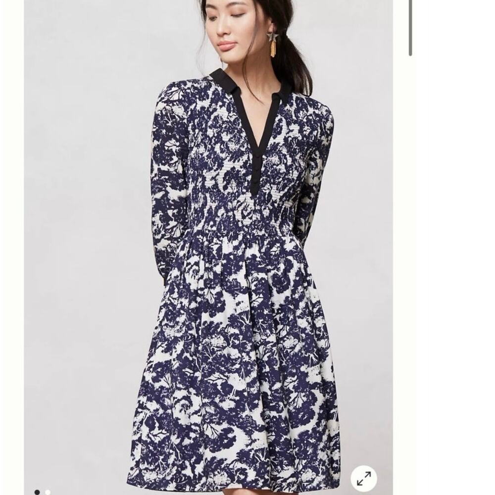 Anthropologie Edme & Esyllte Sketchbook Shirt Dress Blue White Smocked size 6